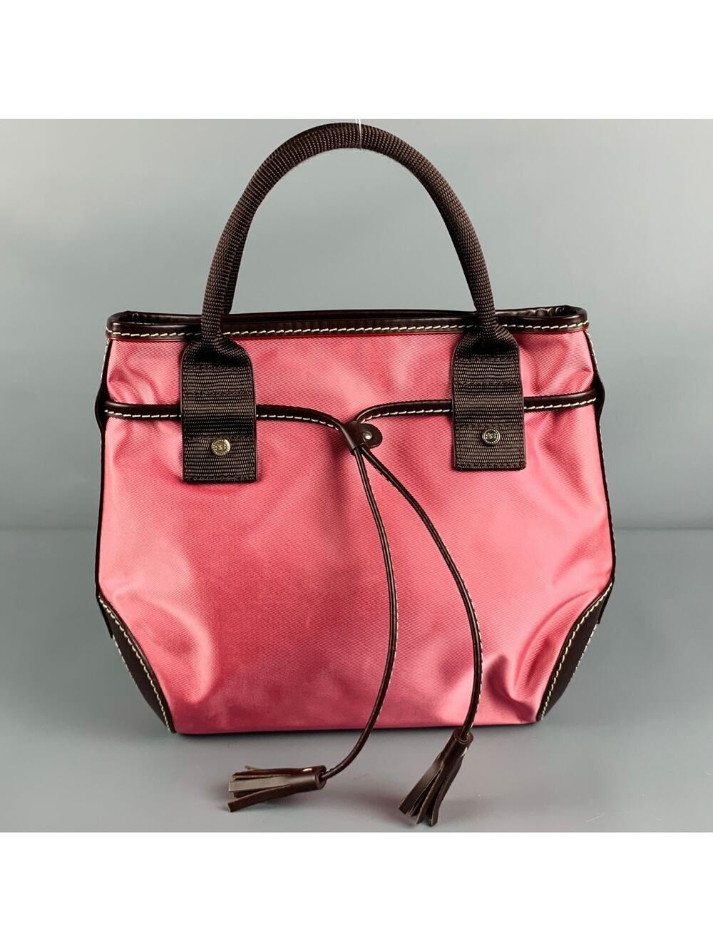 LANCEL Pink Brown Leather Trim Nylon Mini Handbag